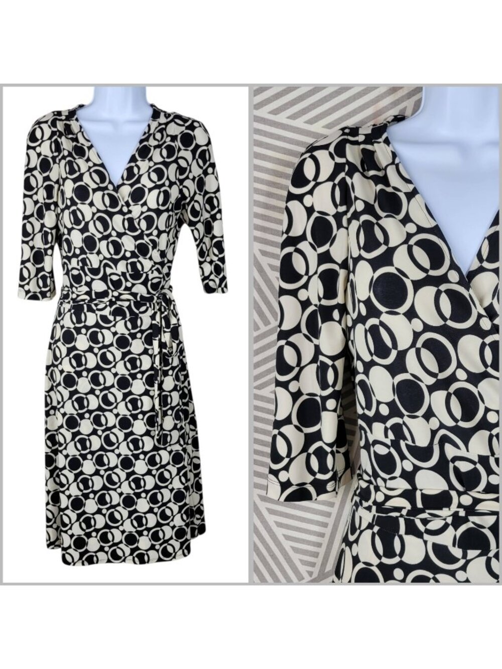 Vintage Y2K Shirt Dress Size 10 Petite Midi Wrap Geometric Polkadot Ivory Black